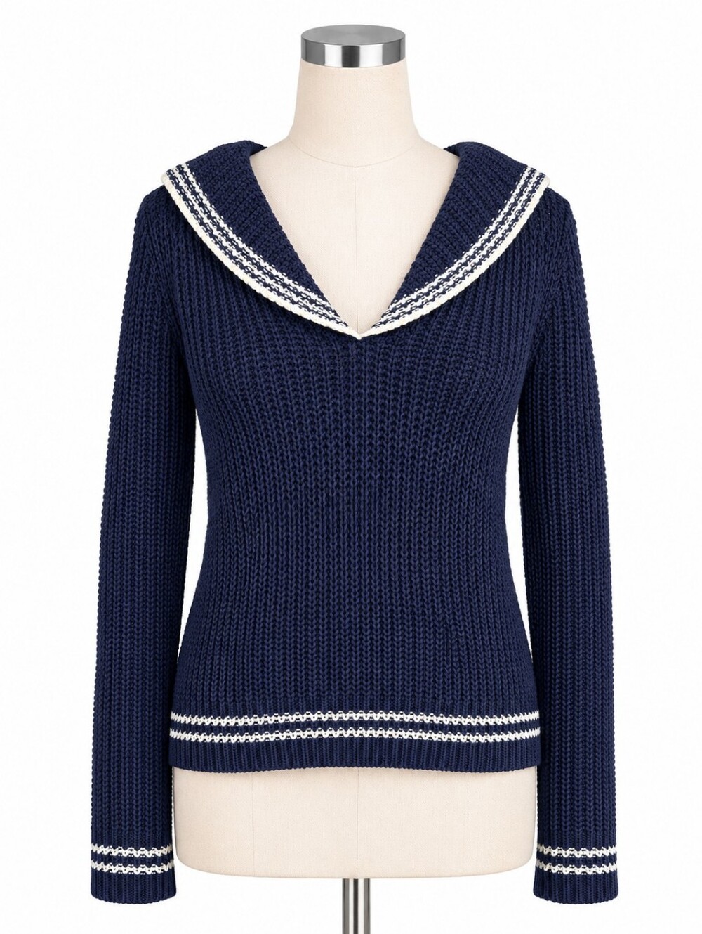 NWT Marled Sailor Collar Knit Sweater Navy Blue Women's Sz M Chunky Pullover